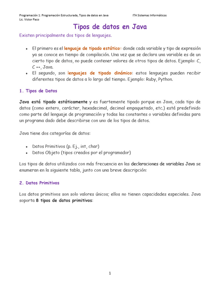5.1 Tipos de datos en Java | PDF | Tipo de datos | Poco