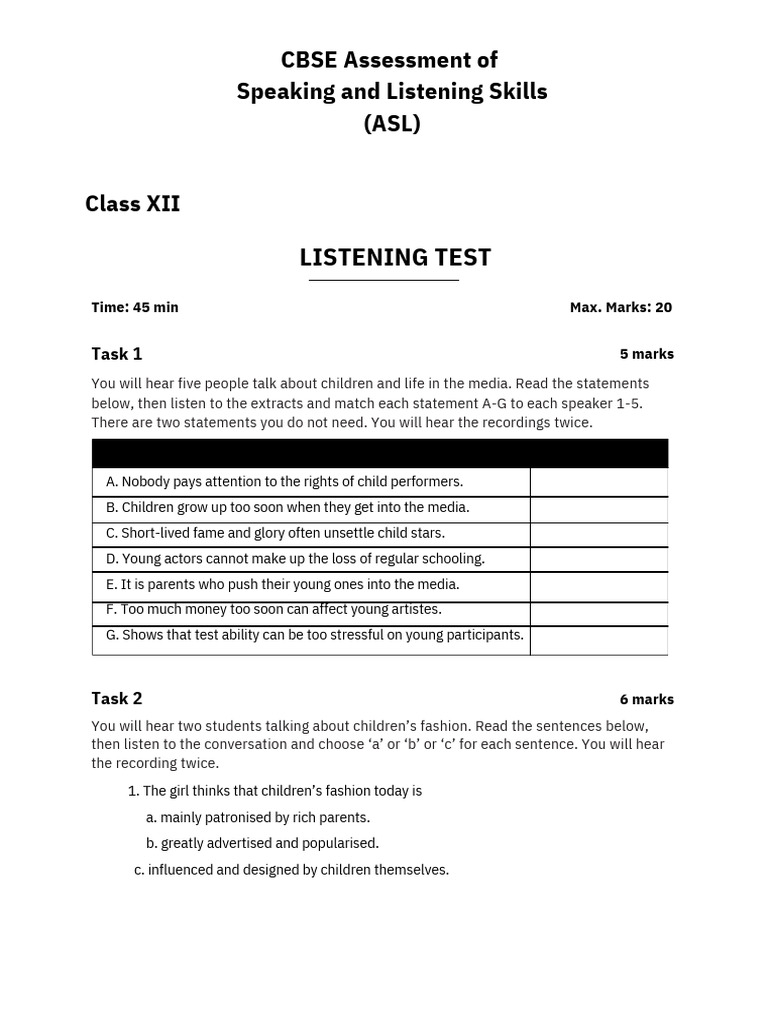 CBSE Class XII ASL Listening Test Guide | PDF | Behavioural Sciences ...