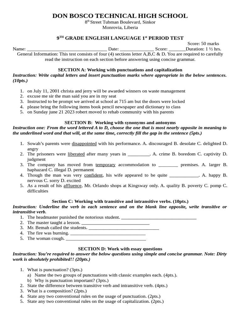 Grade 9 & 10 English Language First Period | PDF | Verb | Pronoun