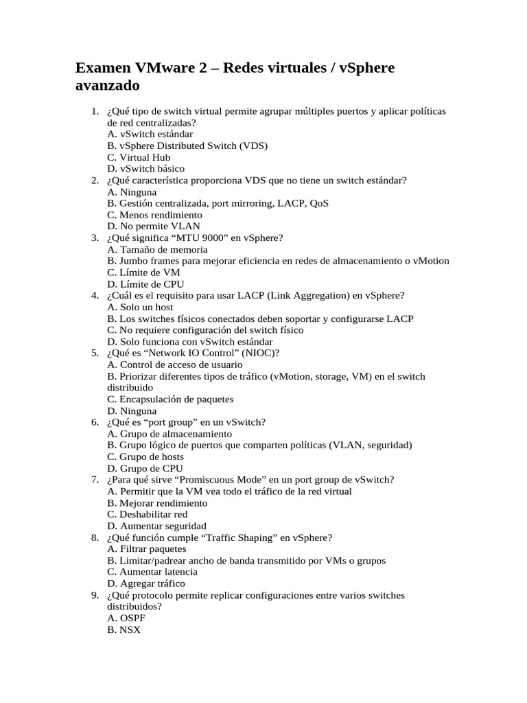 Examen VMware: Redes Virtuales en vSphere | PDF | Conmutador de red ...