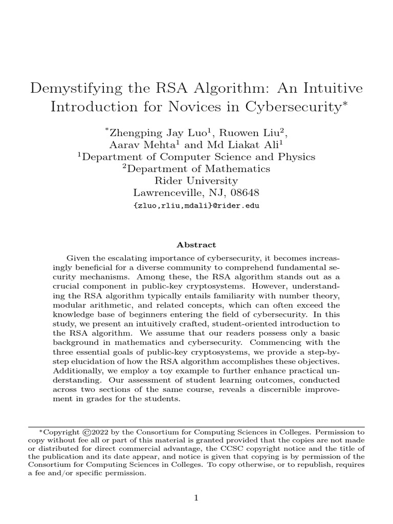 Intro to RSA Algorithm for Beginners | PDF | Public Key Cryptography ...