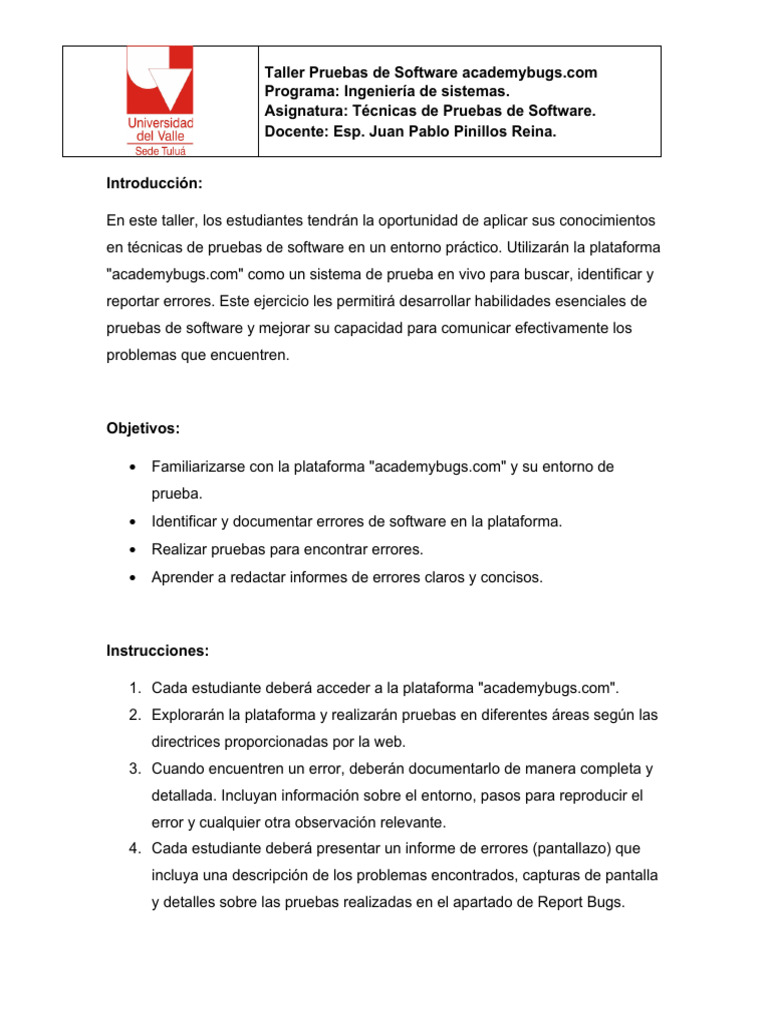 Taller Práctico de Pruebas de Software | PDF | Software | Pruebas de ...