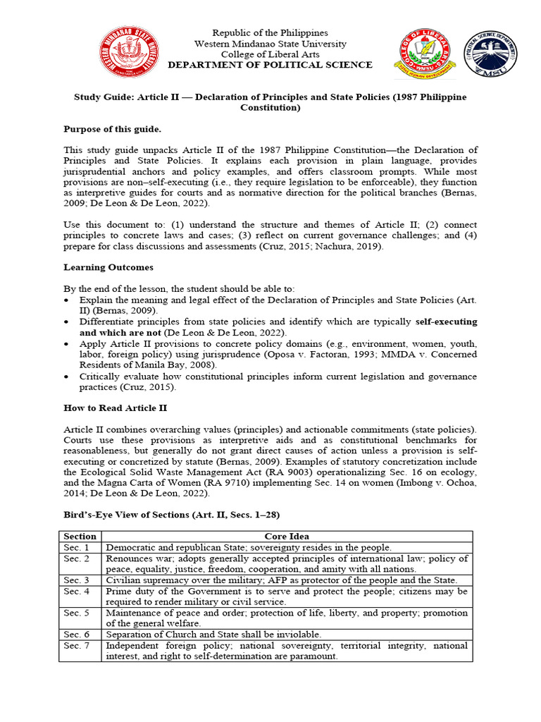 Article II Study Guide: Philippine Constitution | PDF | Standing (Law ...