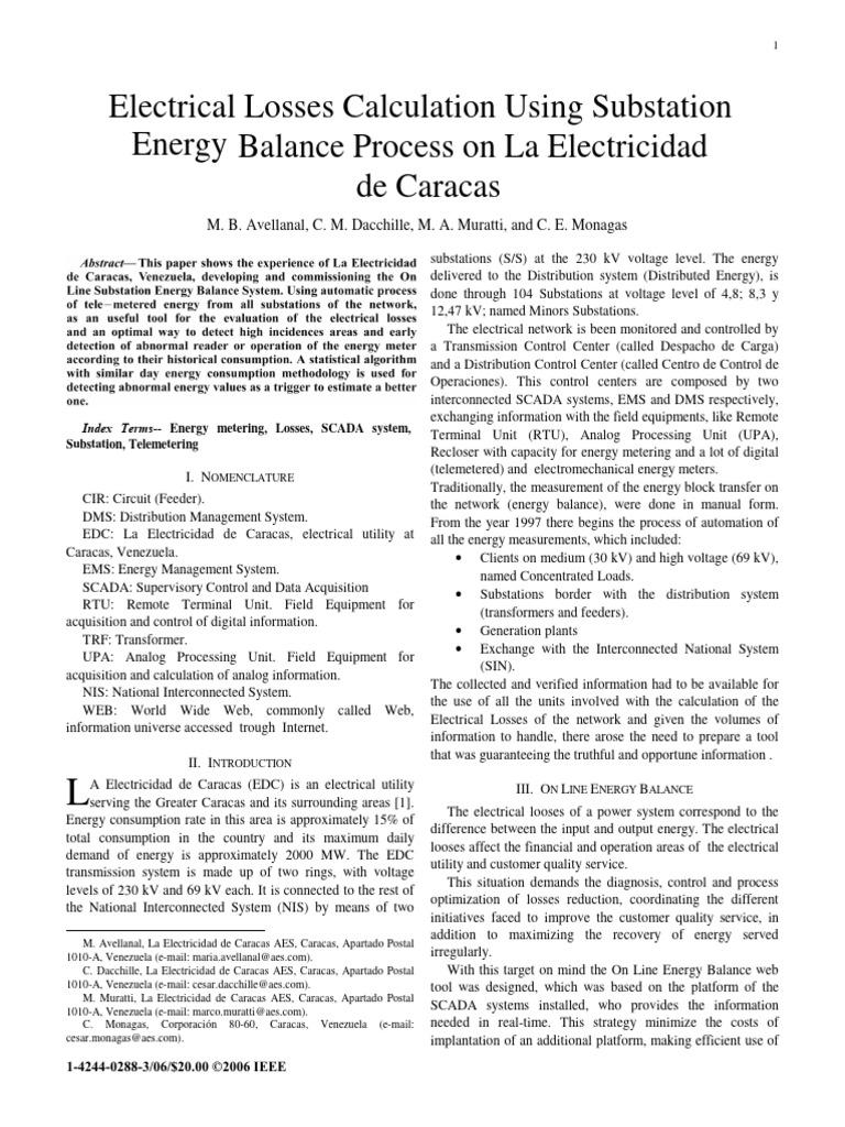 Electrical Losses Calculation Using Substation Energy Balance Process ...
