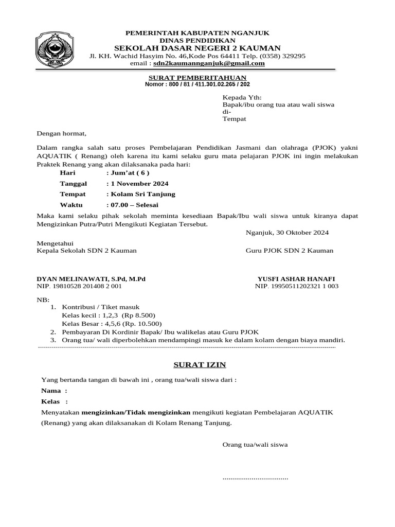 Surat Ijin Renang | PDF