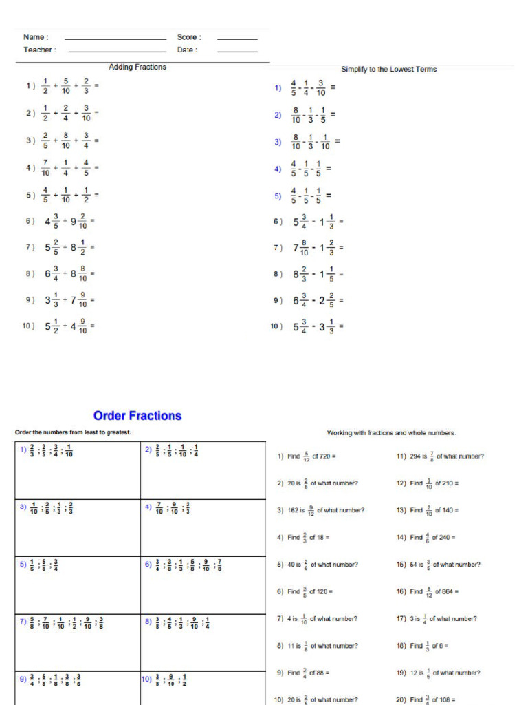 Grade 5 Fraction (Add, Sub, Order, Word Problems) | PDF