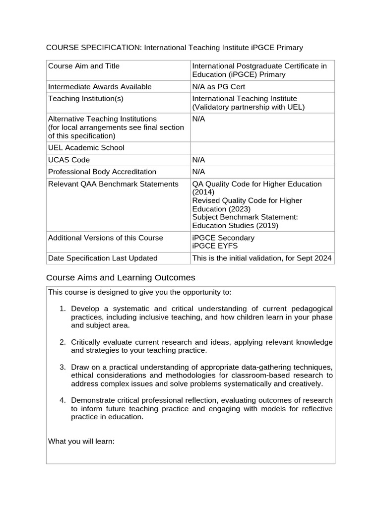 iPGCE Primary Course Specification | PDF | Reflective Practice | Learning