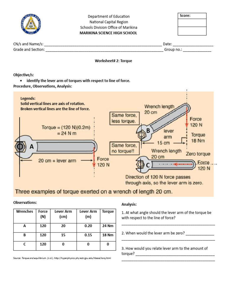 Worksheet 2 Torque1 | PDF | Torque | Force