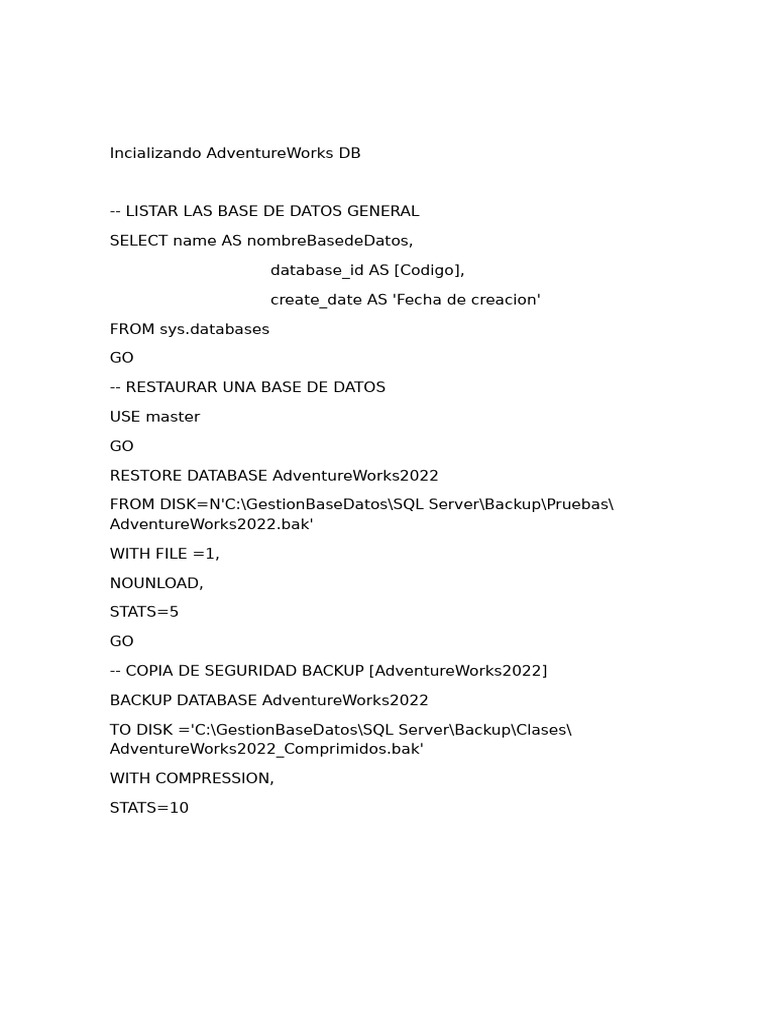 AdventureWorks DB Management SQL Commands | PDF