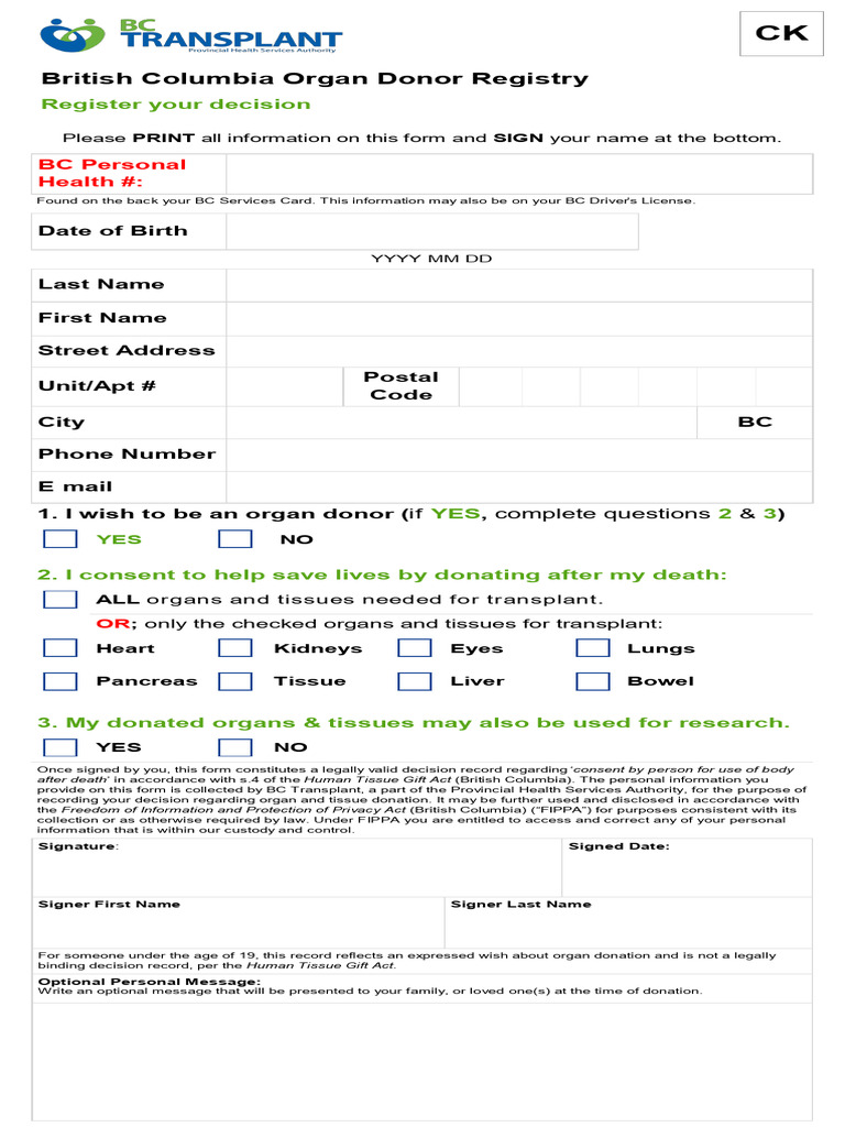 BC Organ Donation Registration Form | PDF | Organ Donation | Organ ...