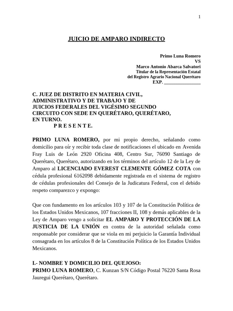 Juicio de Amparo Indirecto en Querétaro | PDF | Petición | Caso de ley