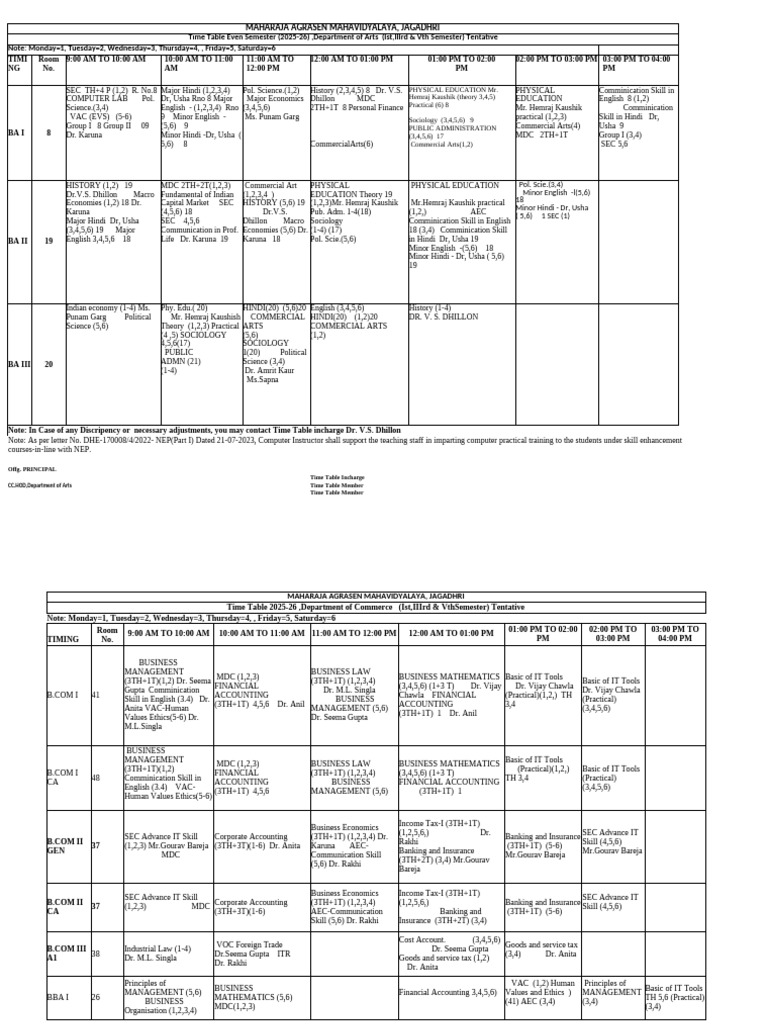 Time Table Odd Semester 2025-26 | PDF | Business | Economies