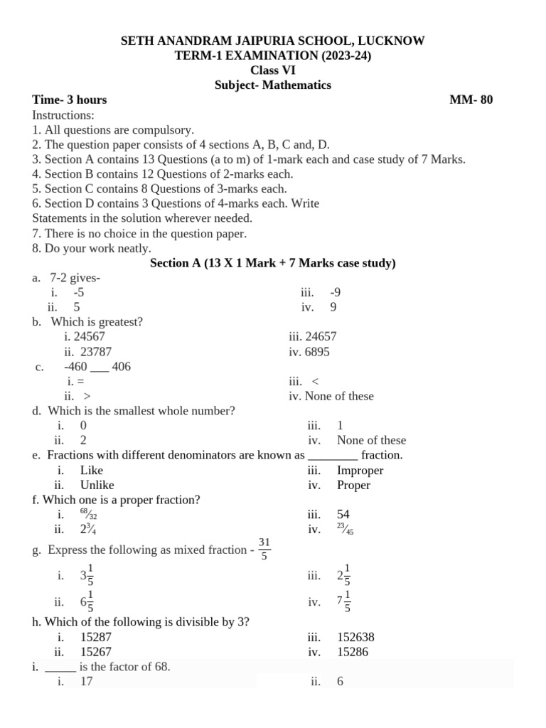Class VI Mathematics Exam Paper | PDF | Numbers | Odds