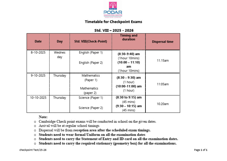 Oct - Nov CHECKPOINT Timetable | PDF | Qualifications | Tests