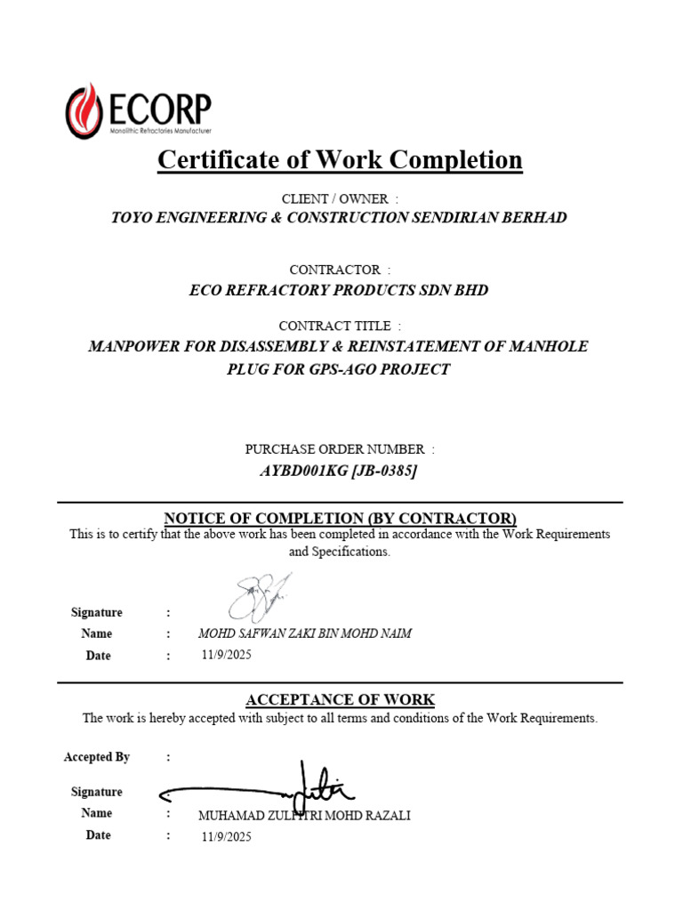Certificate of Work Completion | PDF