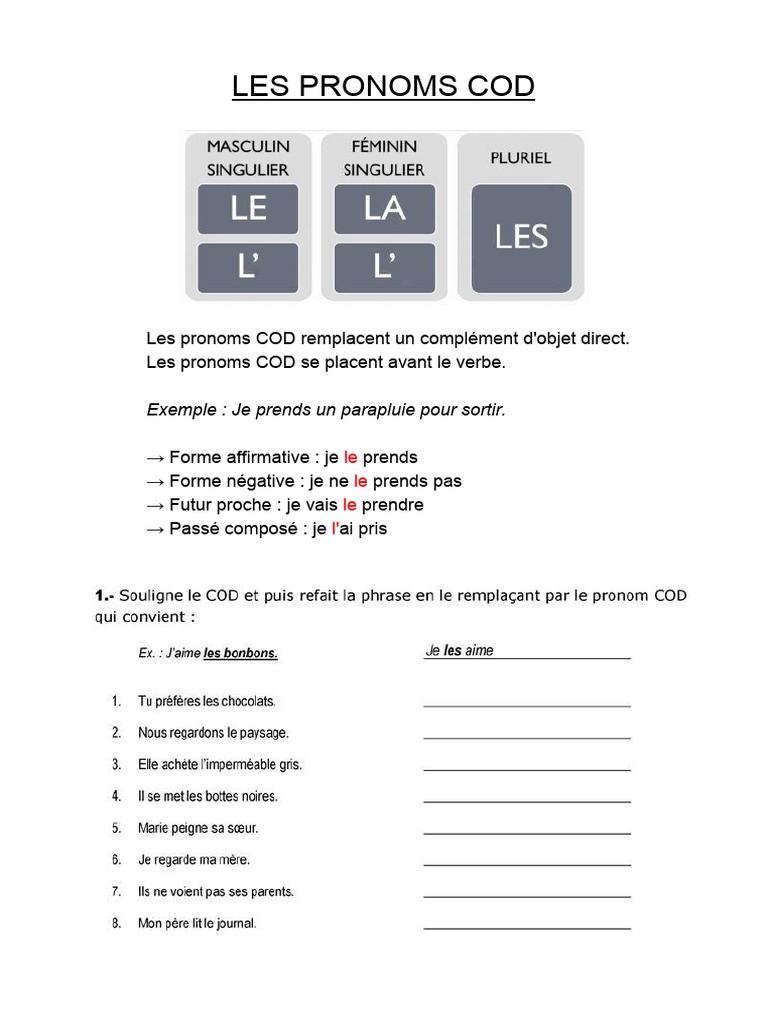 Comprendre les pronoms COD en français | PDF