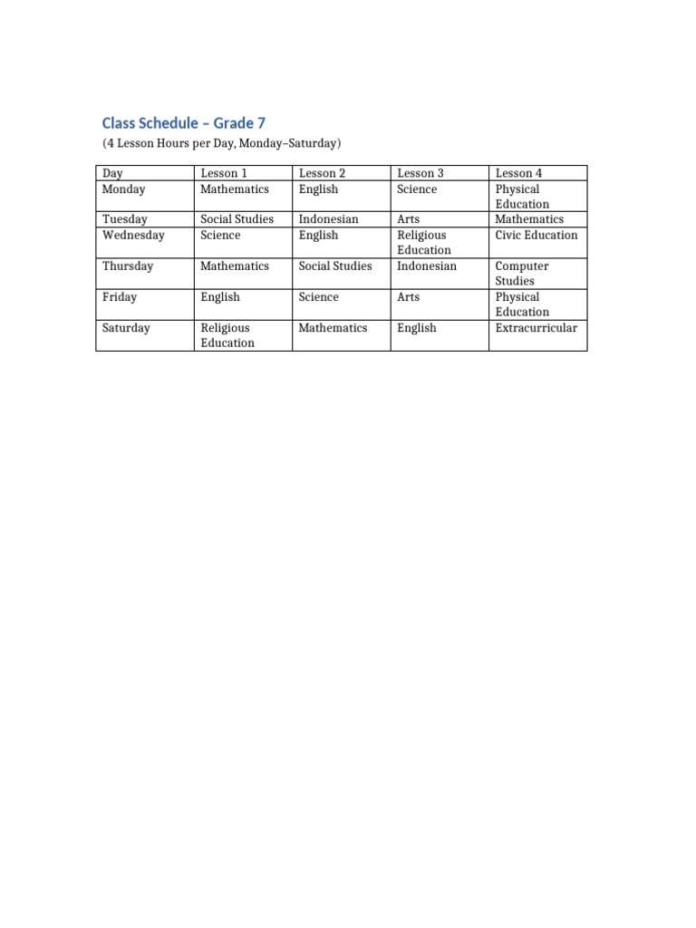 Grade7 Class Schedule | PDF