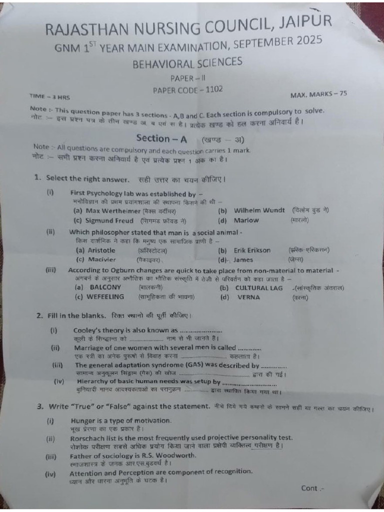 Behaviour Science (GNM - 2025) Questions Paper | PDF