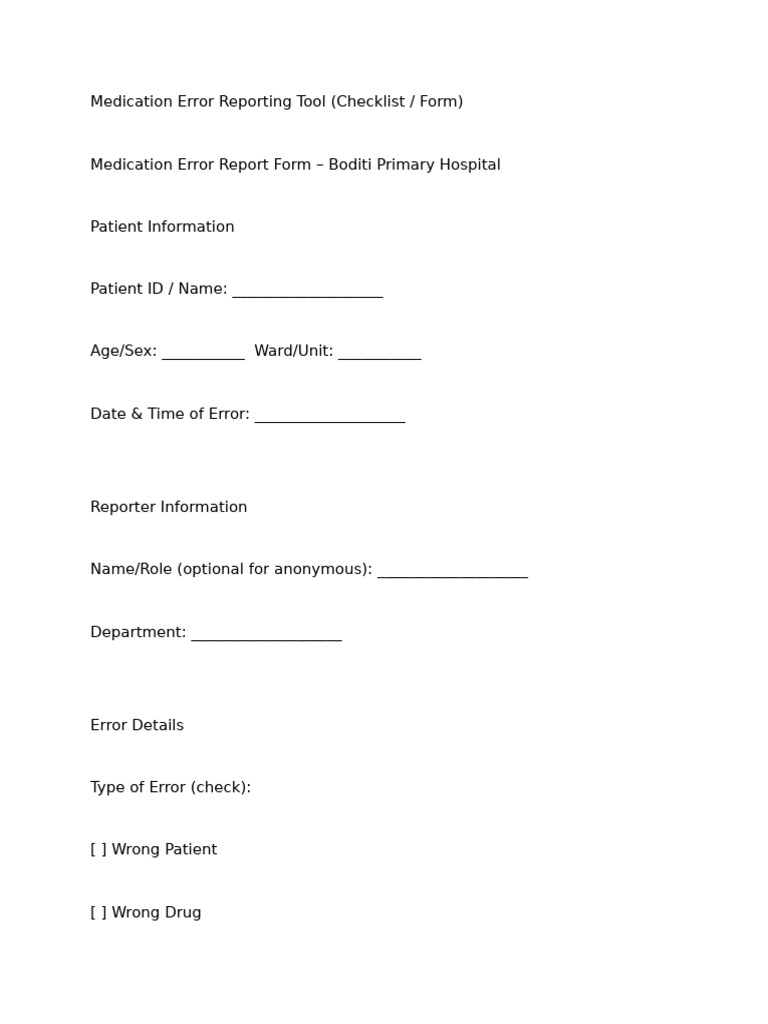 Medication Error Reporting Checklist | PDF