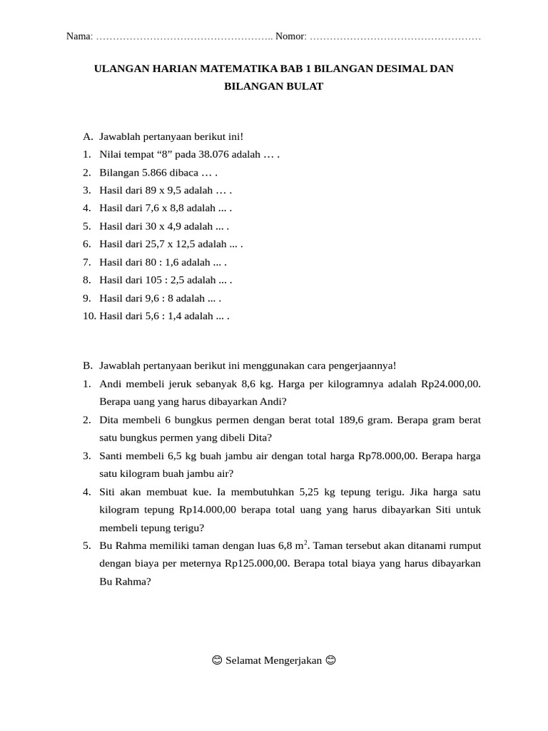 Soal Ulangan Harian Matematika Bab 1 Bilangan Desimal Dan Bilangan ...
