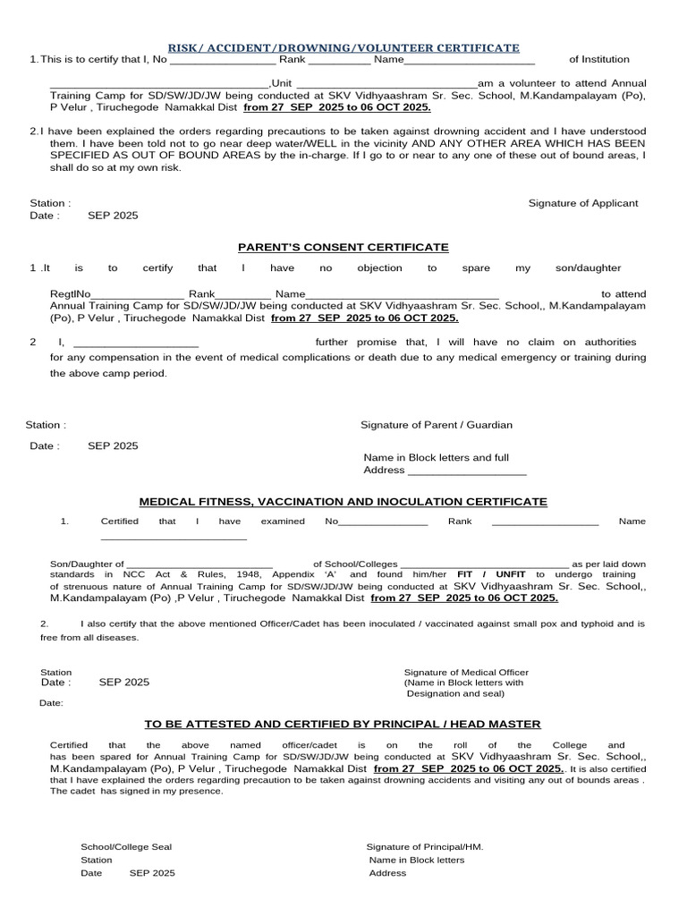 NCC Volunteer Training Camp Certificate | PDF