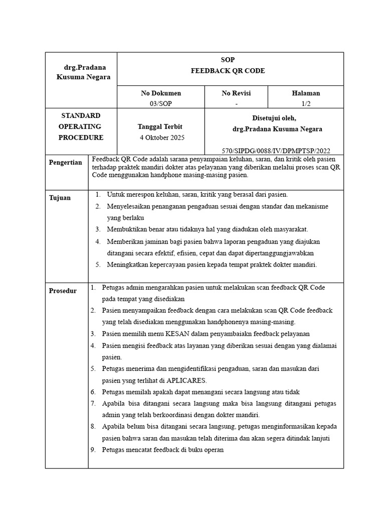 SOP Feedback QR Code untuk Pasien | PDF