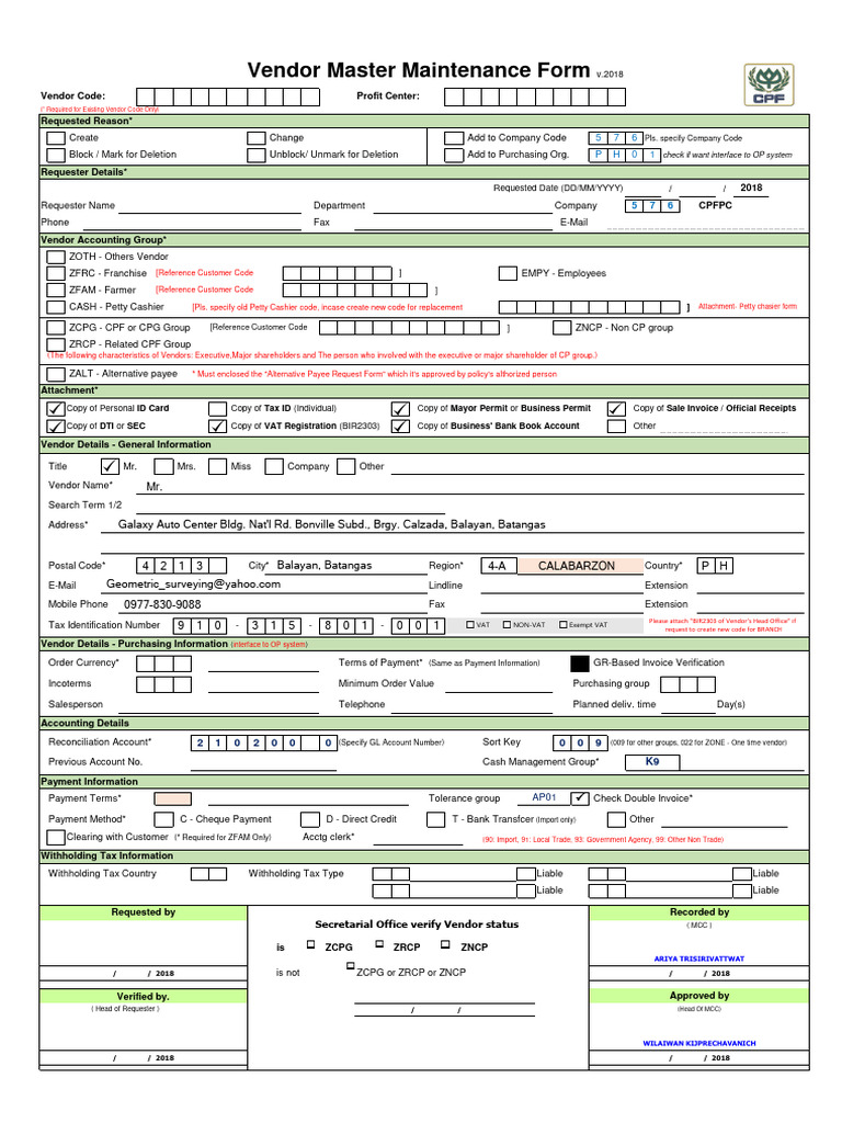 Vendor Master Maintenance Form Guide | PDF | Privacy | Information Security