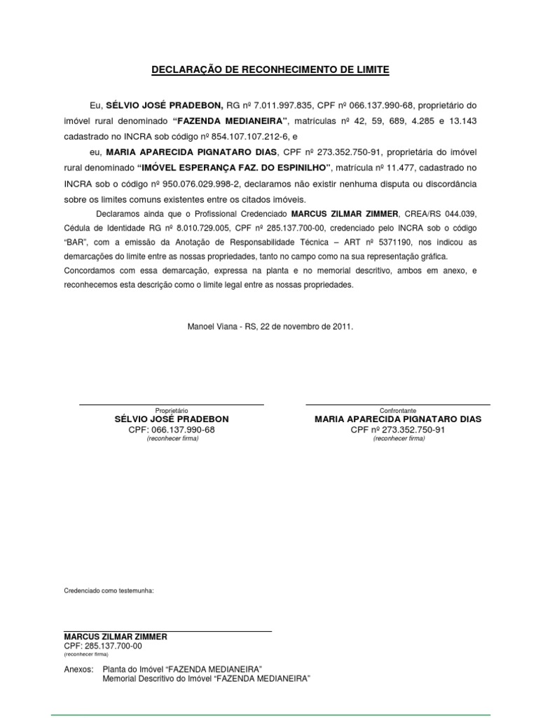 Declaração de Confrontante  Imóvel Esperança  Maria Aparecida