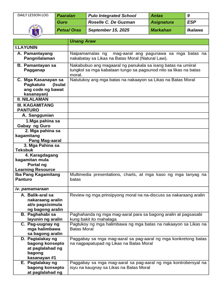 GMRC Week 4 - Day 1 and 2 - Daily Lesson Log | PDF