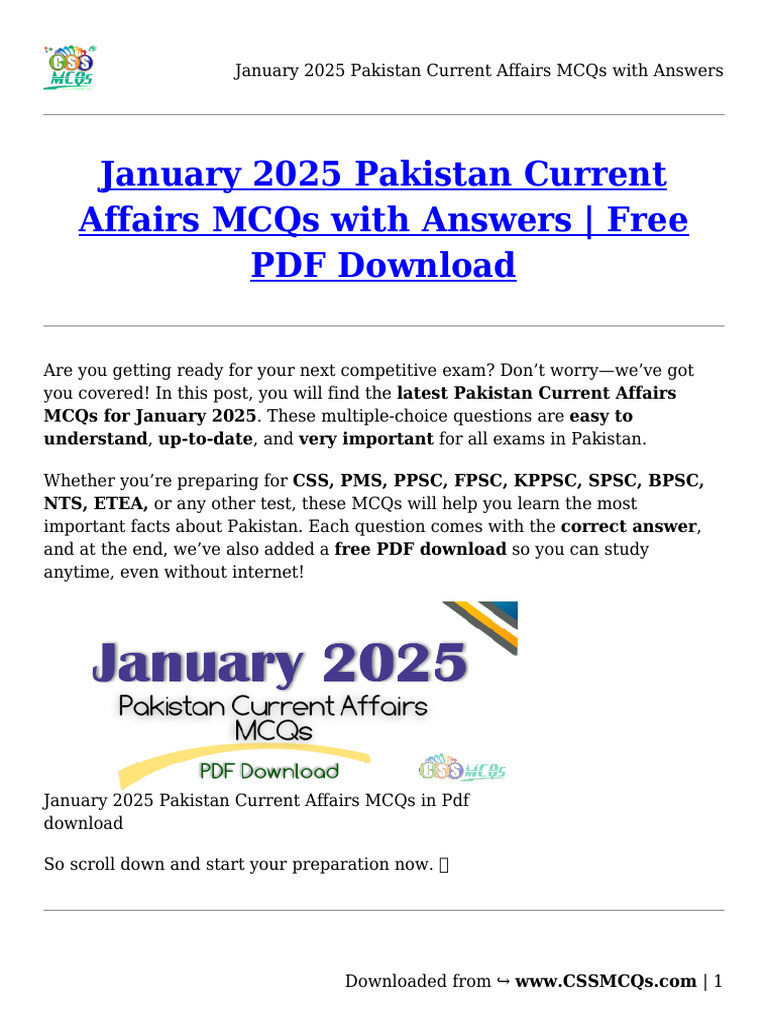 January 2025 Pakistan Current Affairs MCQs | PDF | Pakistan | Karachi