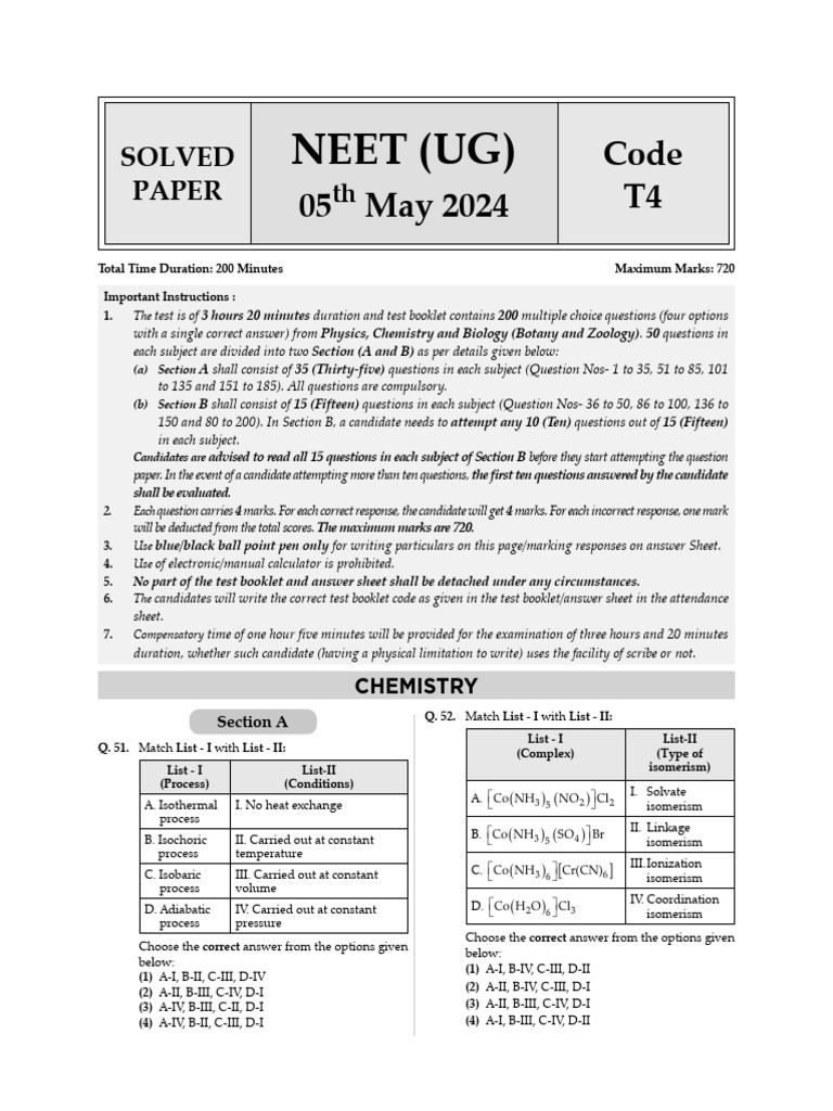 NEET 5th May 2024 Code T4 Chemistry | PDF | Chemistry | Chemical Bond