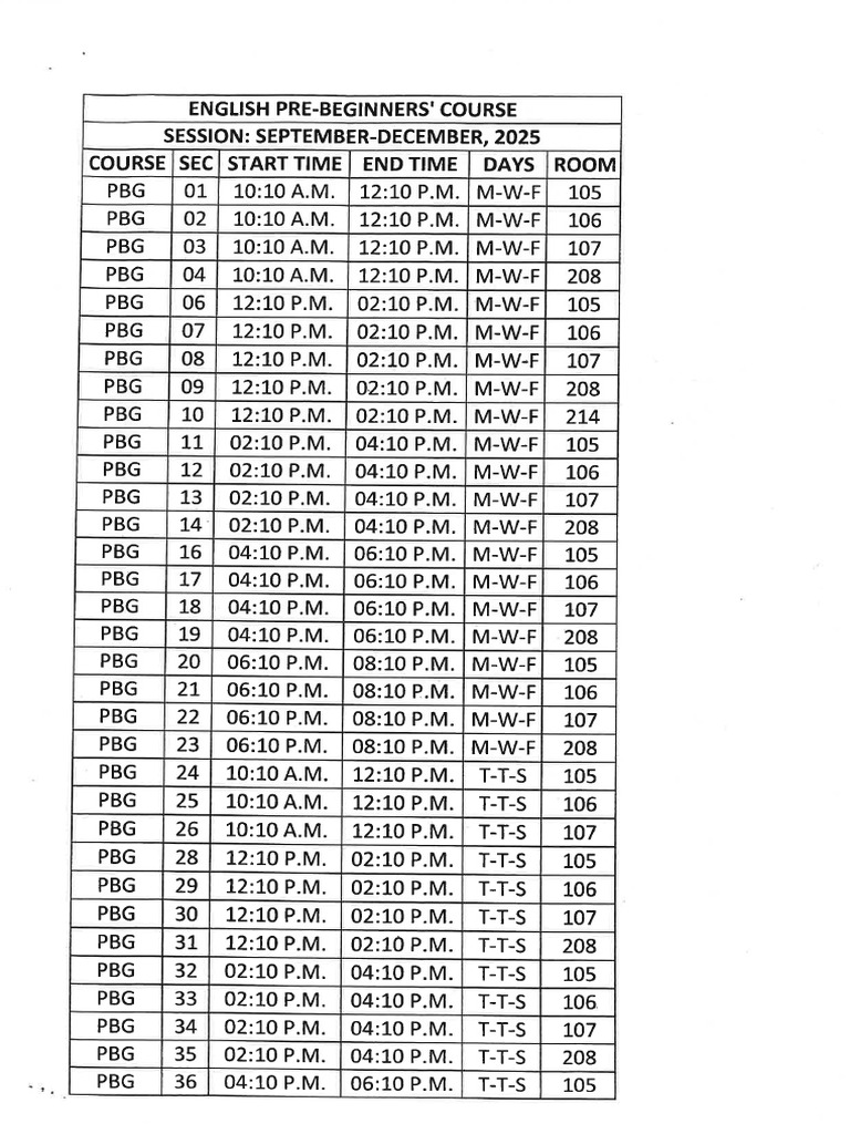 Class Schedule English Sept Dec 2025 | PDF