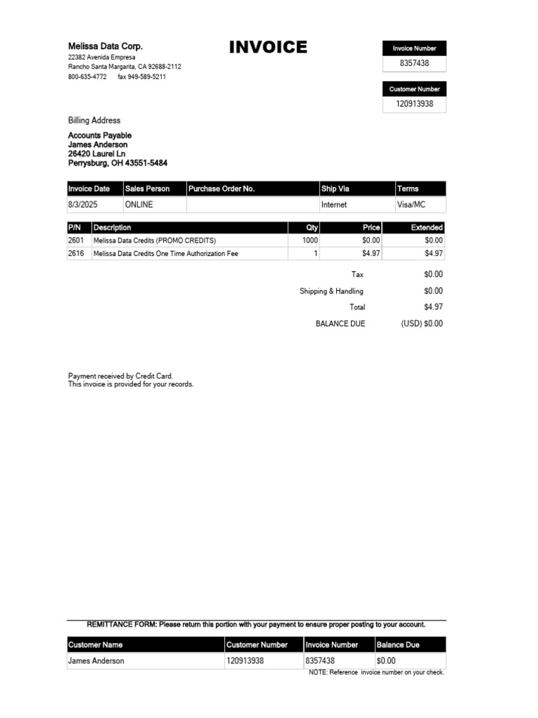 Invoice: Melissa Data Corp | PDF