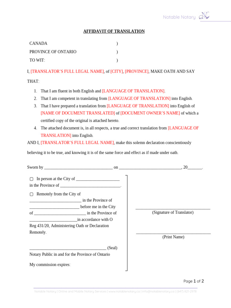 Translation Affidavit Sample Canada | PDF | Notary Public | Affidavit