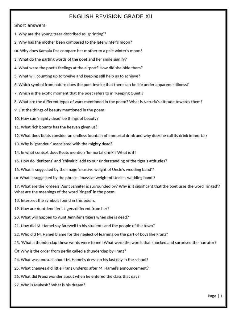 English Revision Questions for Grade XII | PDF | Superstitions