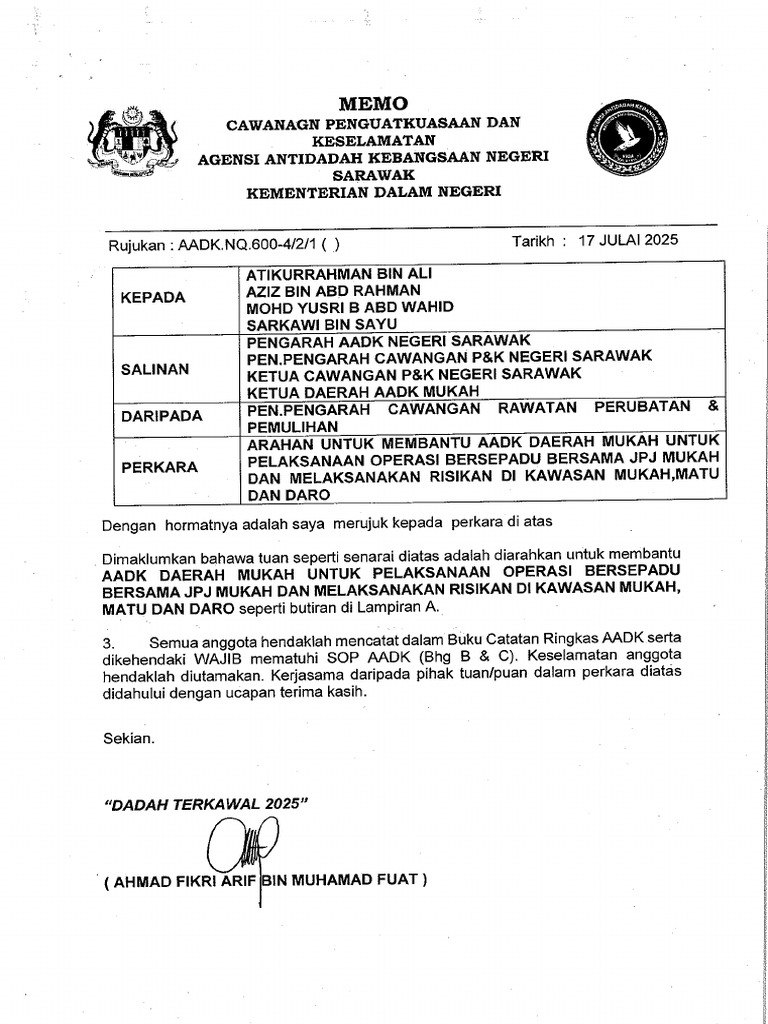 Memo Membantu Ops Bersepadu Dan Risikan Aadk Mukah | PDF