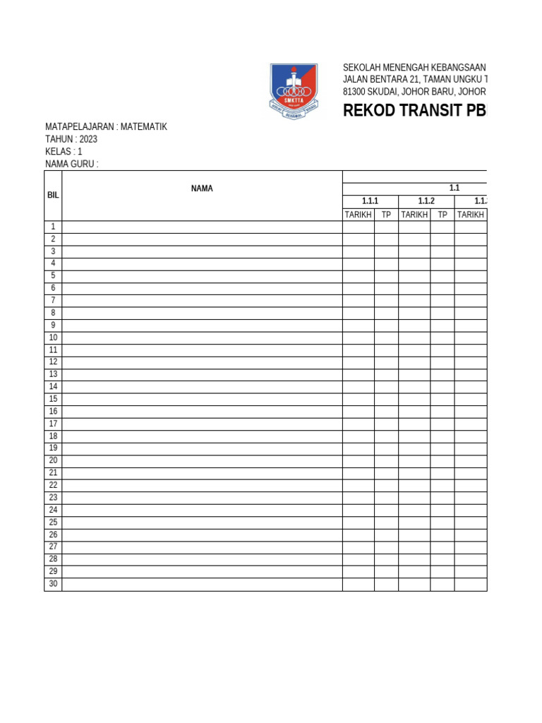 Rekod Transit PBD Matematik Ting 1 | PDF