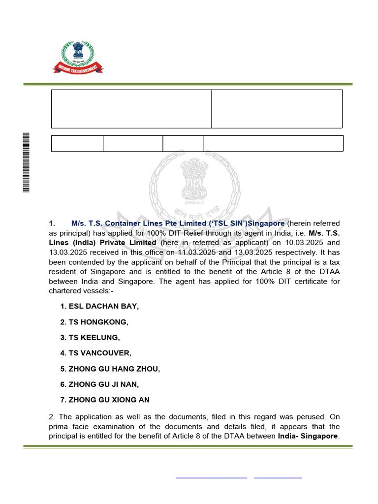 DIT Relief Certificate for TS Lines | PDF