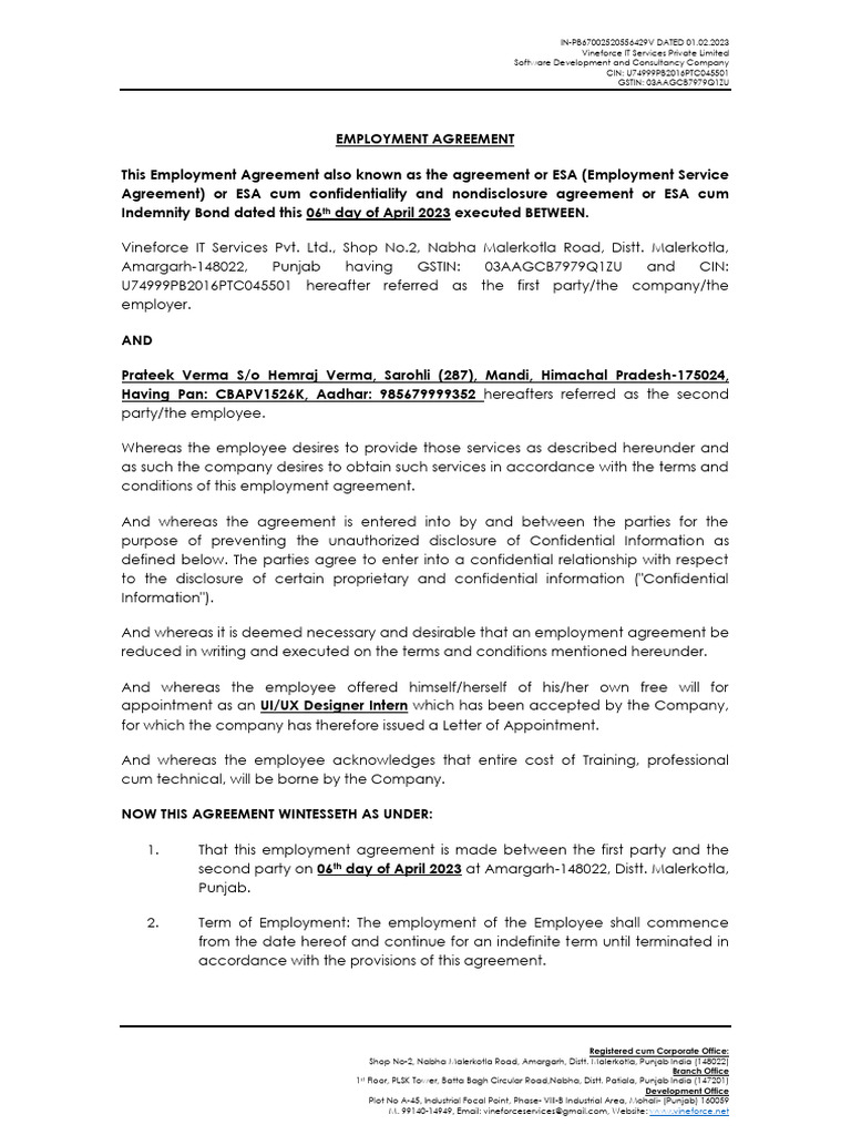 Employment Agreement for UI/UX Intern | PDF | Employment | Damages