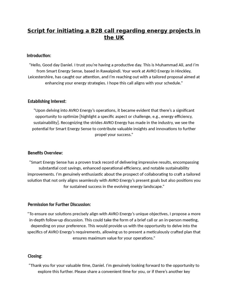 Script For Initiating A B2B Call Regarding Energy Projects in The UK | PDF