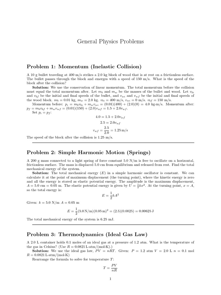 Physics Problems: Momentum, Harmonics, Thermodynamics | PDF | Momentum ...