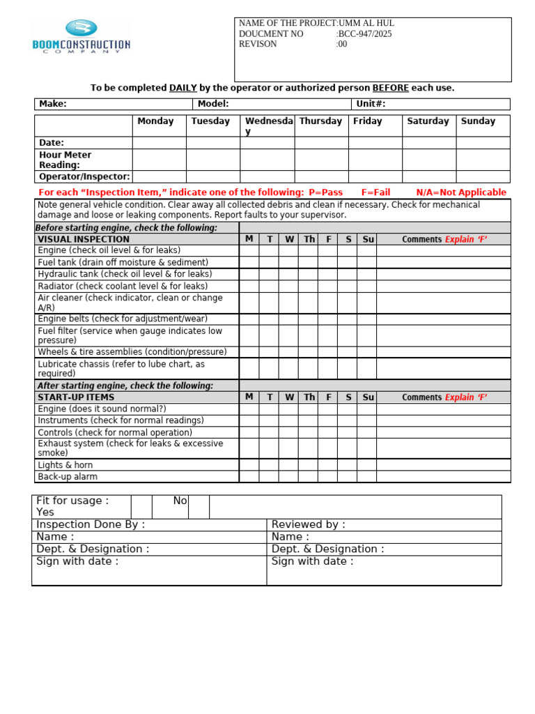 Skid Steer Loader Daily Inspection Checklist L | PDF