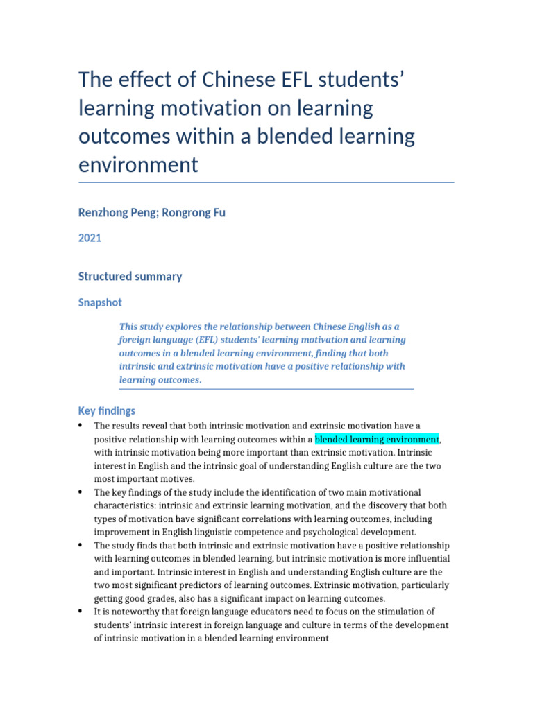 Structured Summary - The Effect of Chinese EFL Students Learning ...