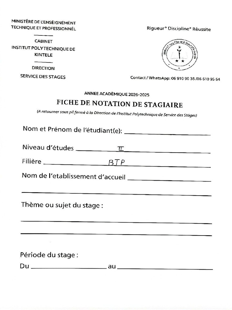 Fiche de Notation de Stage | PDF
