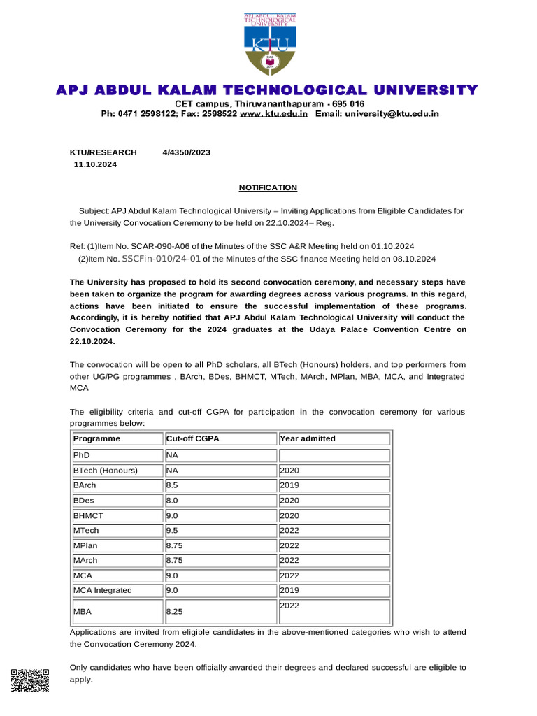KTU Convocation 2024 Registration Open | PDF