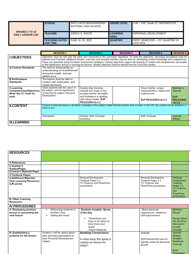 Grade 11 Personal Development Lesson Plan | PDF | Learning | Teachers
