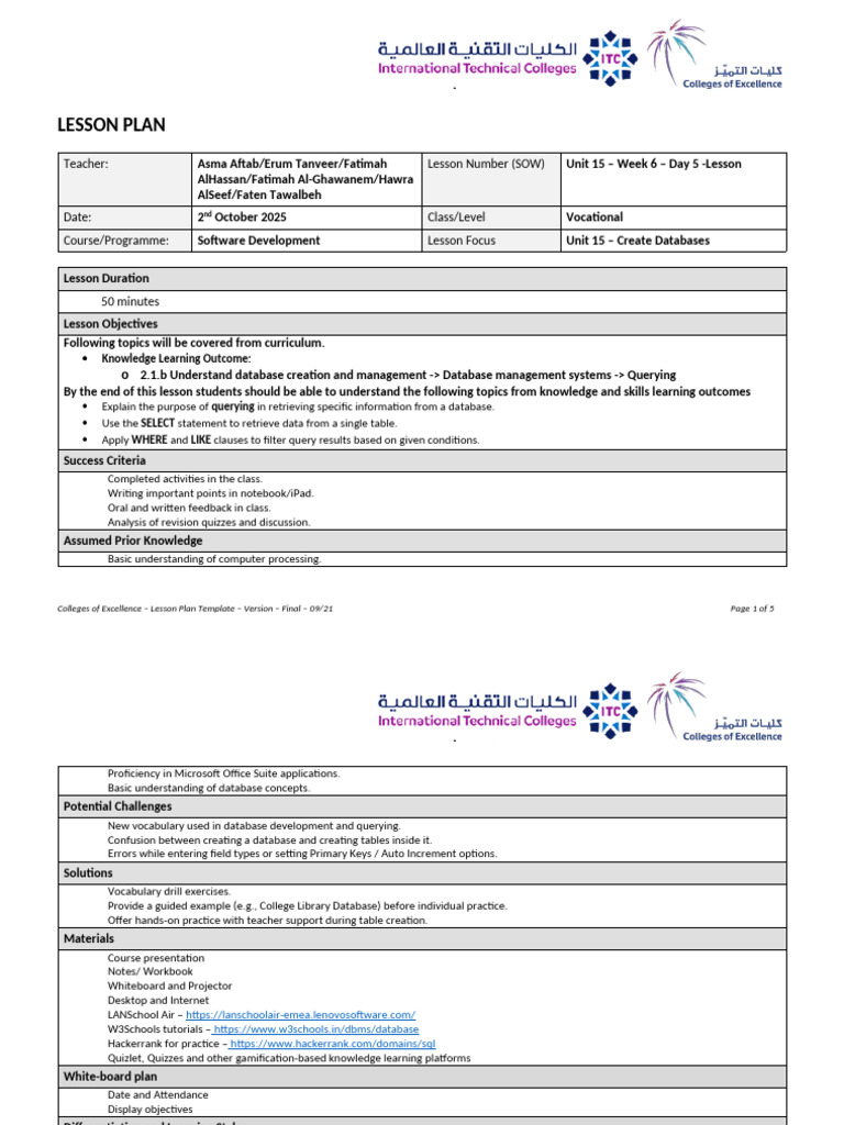 Database Creation and Querying Lesson | PDF | Databases | Lesson Plan