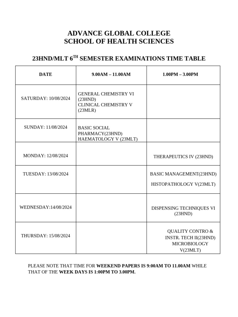 2024 Health Sciences Exam Timetable | PDF