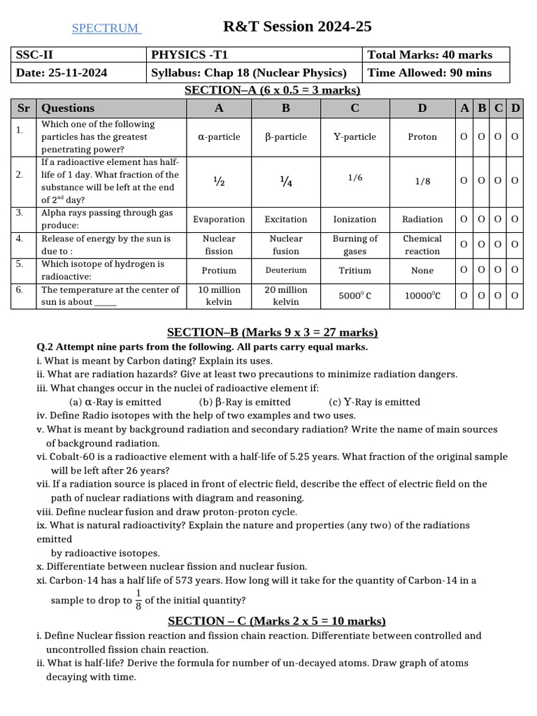Nuclear Physics Exam Paper 2024-25 | PDF | Radioactive Decay | Radiation