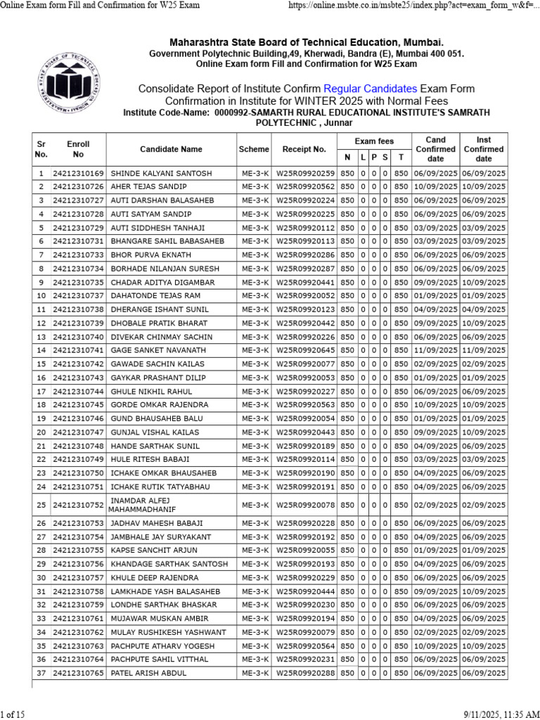 MSBTE Winter 2025 Exam Form Details | PDF